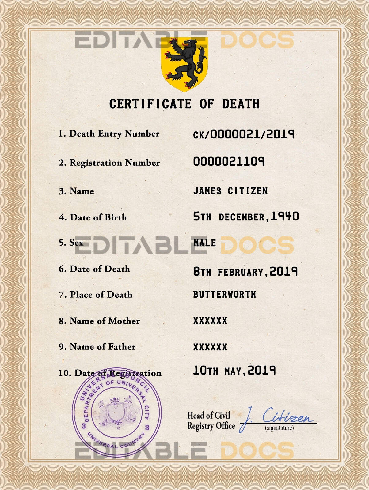 Customizable Scope Vital Record Universal Death Certificate PSD Templates | Instant Download