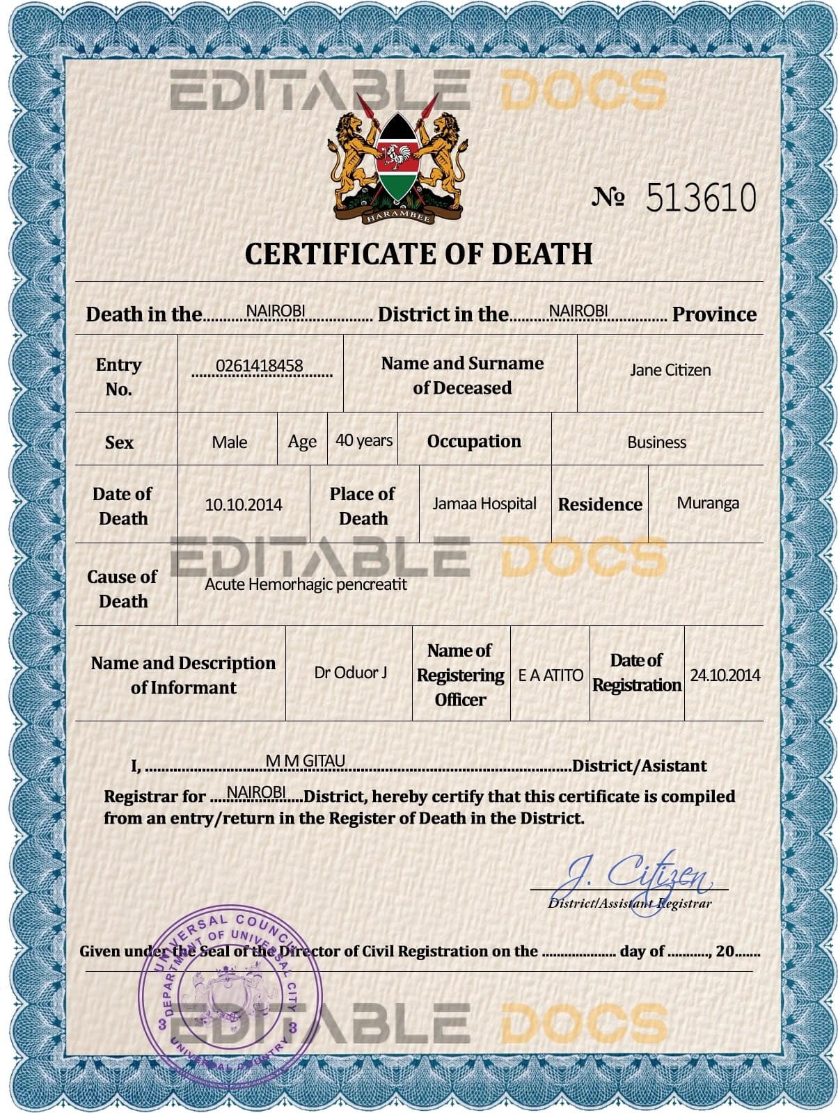 Customizable Solid Universal Death Certificate PSD Templates | Instant Download