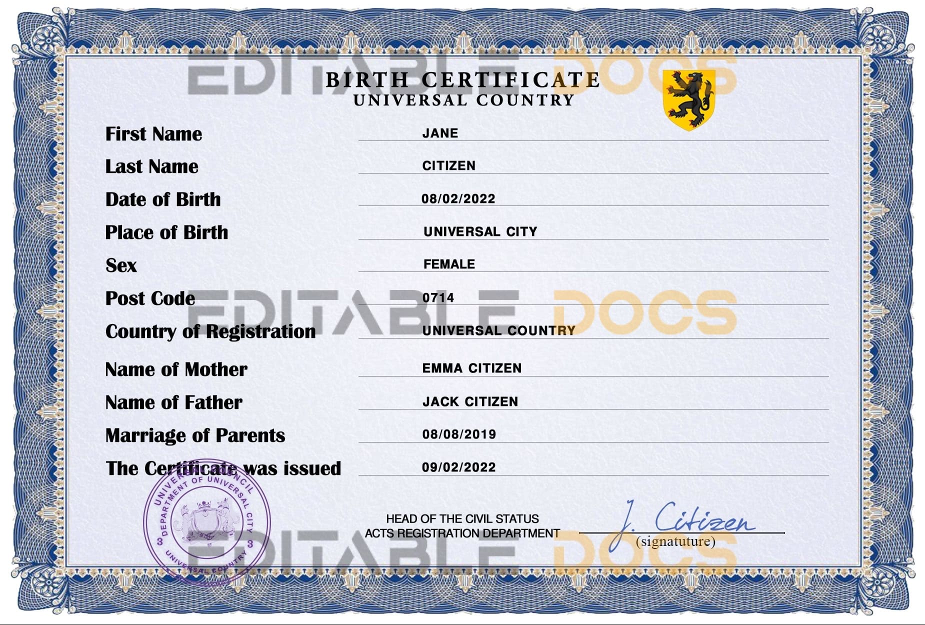 Authentic stance universal Birth Certificate PSD Template | Customize and Download Online