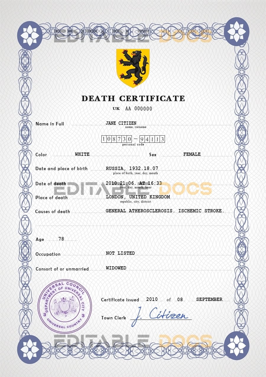Customizable stance Death Certificate PSD Templates | Instant Download
