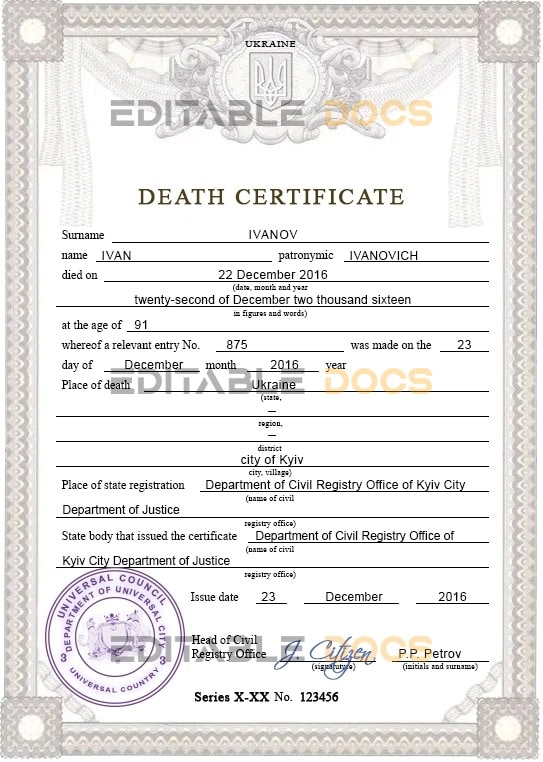 Customizable Sustaine Solution Vital Record Universal Death Certificate PSD Templates | Instant Download