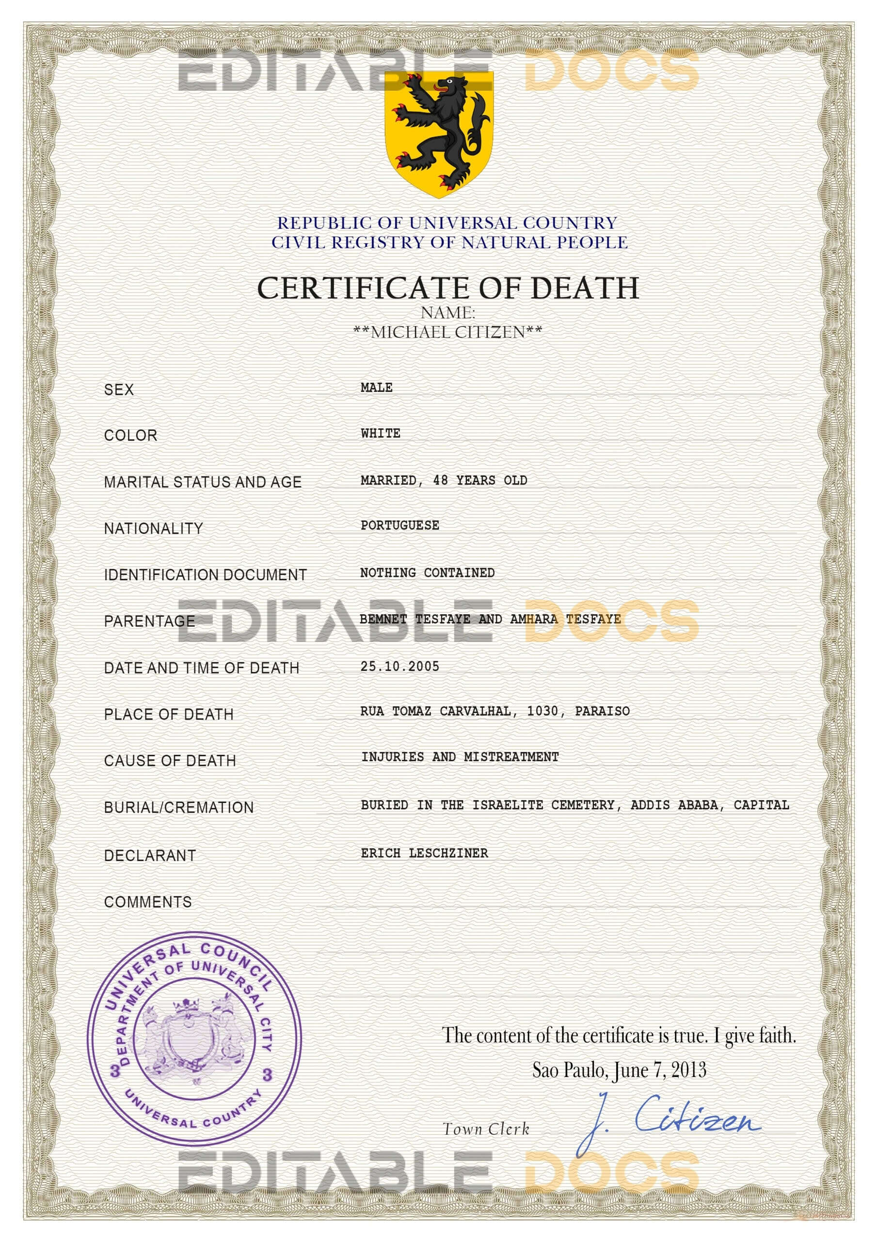 Customizable trust Death Certificate PSD Templates | Instant Download