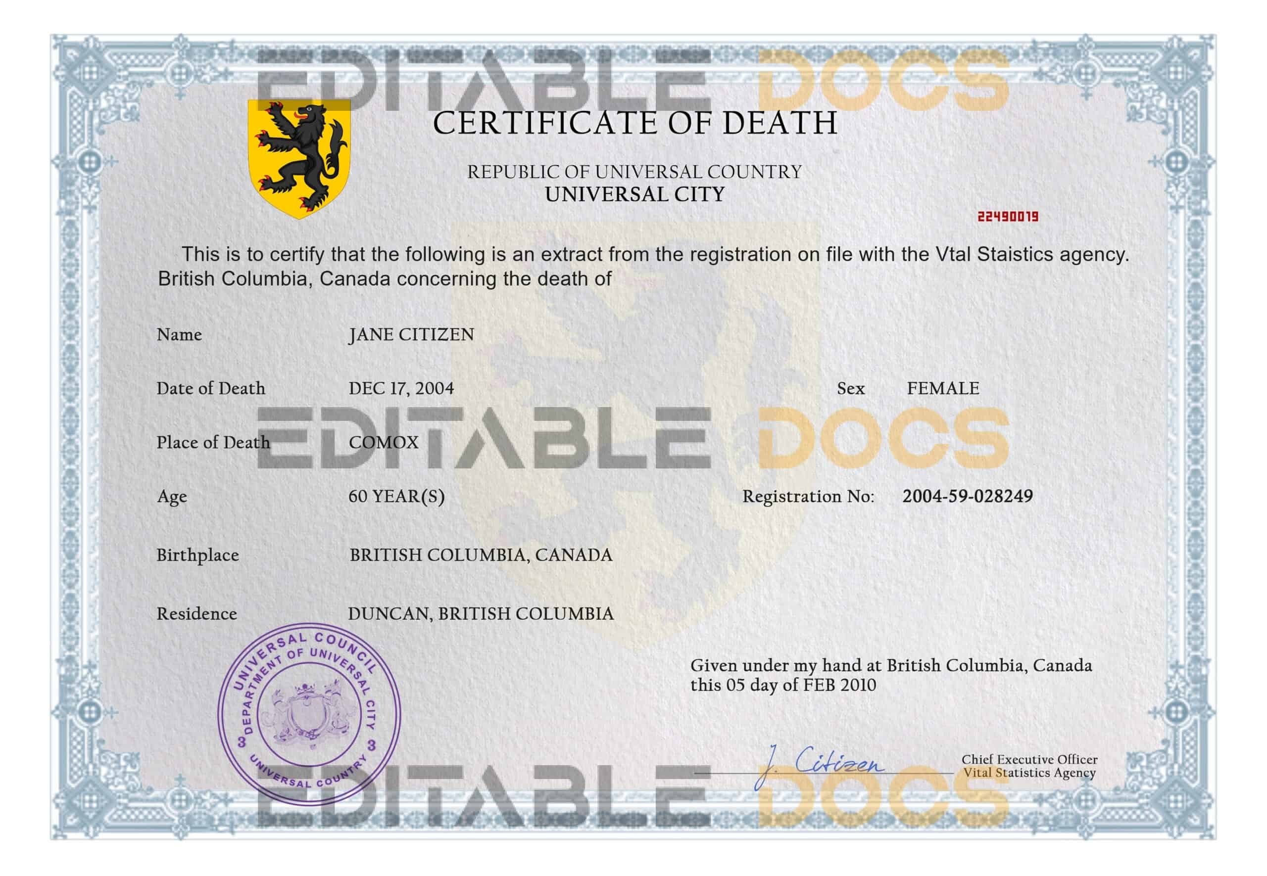 Customizable United Universal Death Certificate PSD Templates | Instant Download