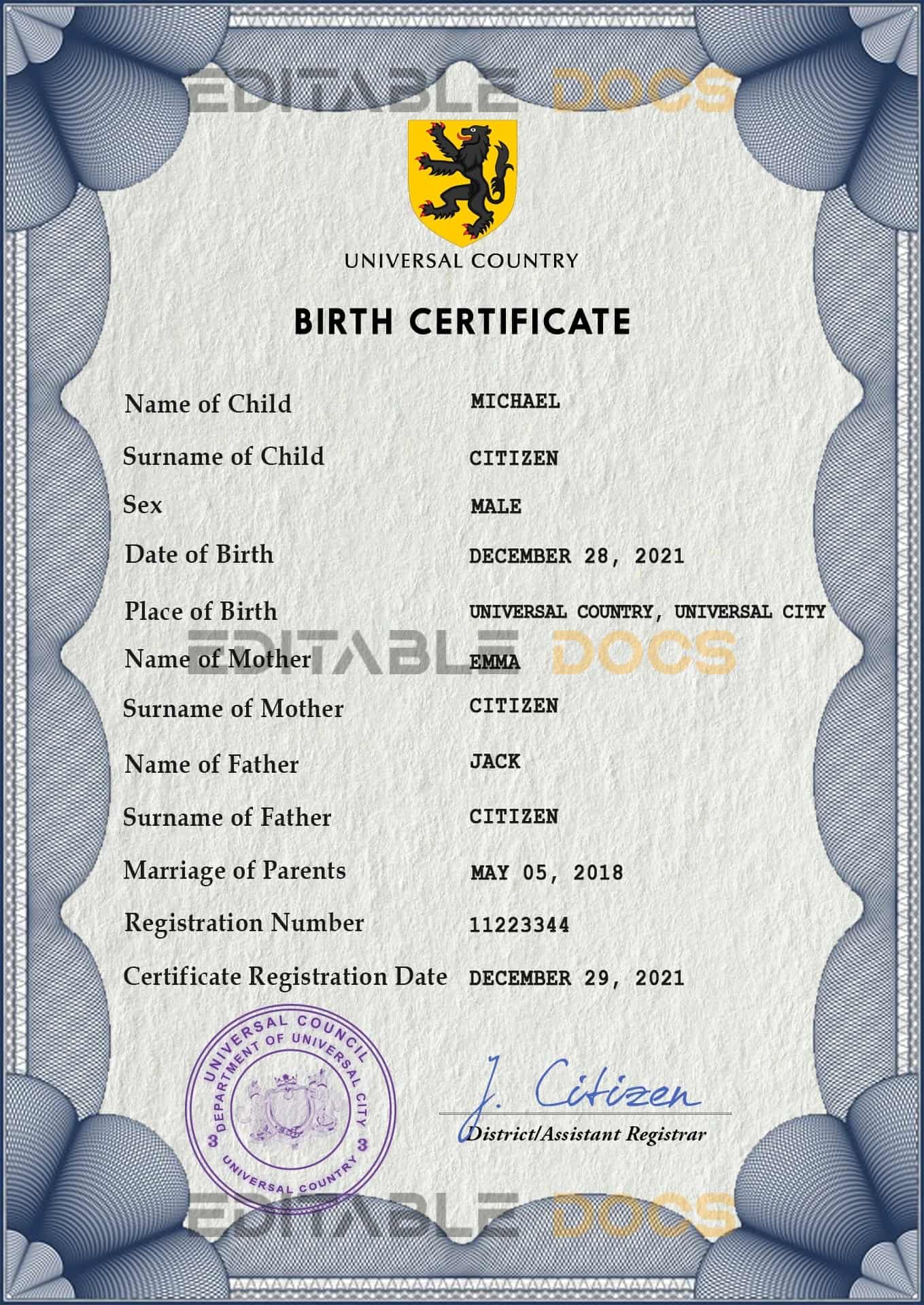 Authentic universbia universal Birth Certificate PSD Template | Customize and Download Online
