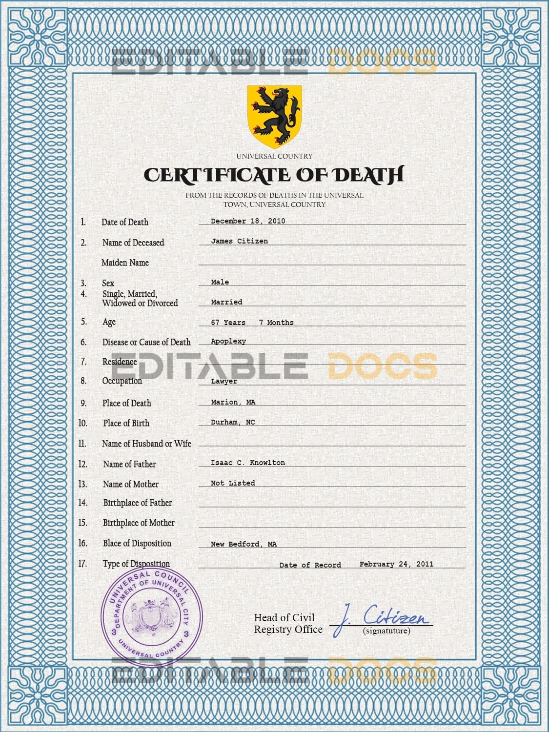 Customizable variety Death Certificate PSD Templates | Instant Download