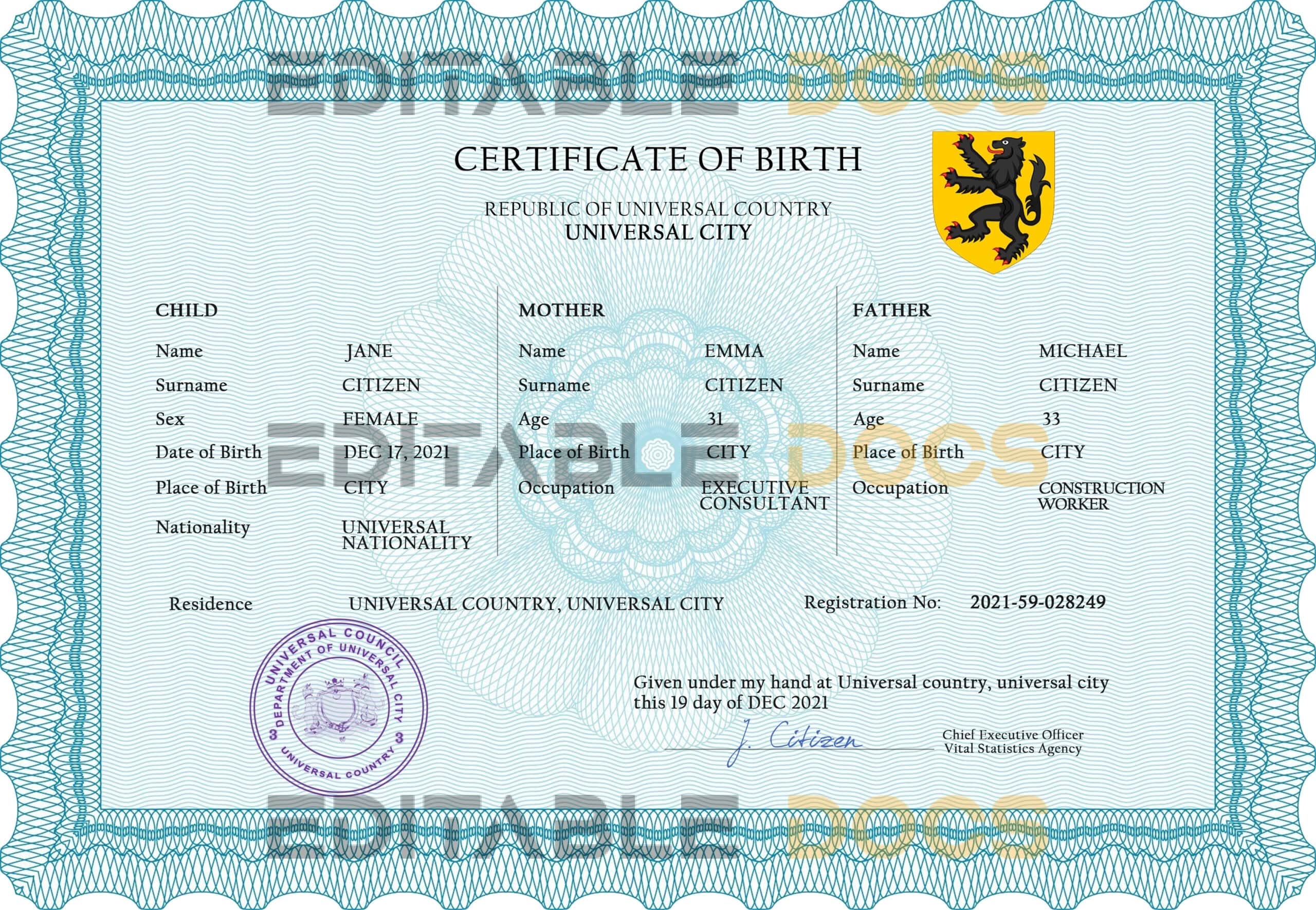 Authentic voice universal Birth Certificate PSD Template | Customize and Download Online