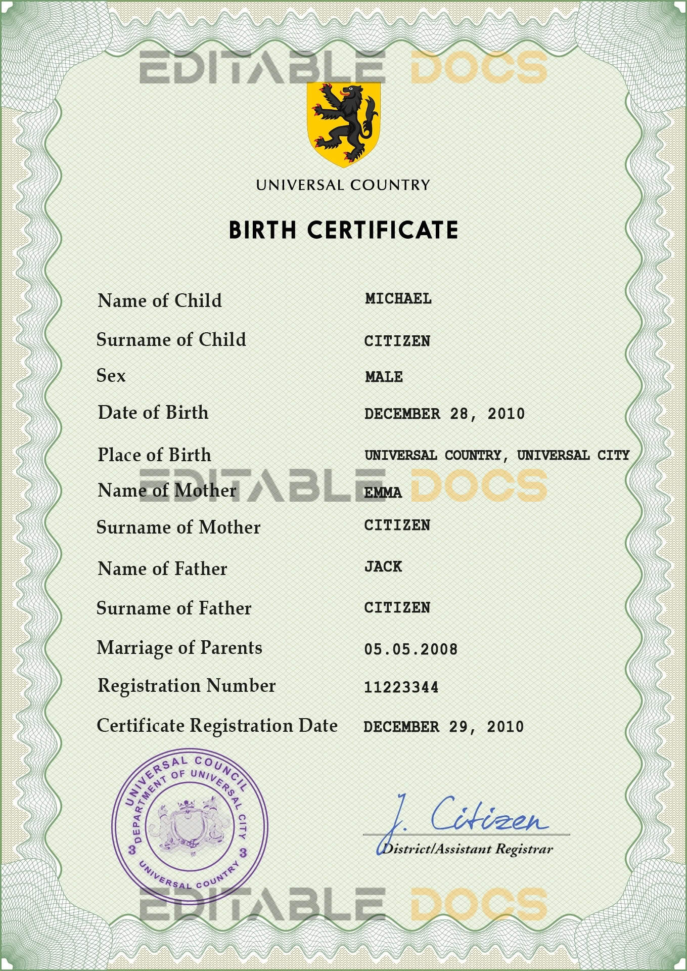 Authentic wisdom universal Birth Certificate PSD Template | Customize and Download Online