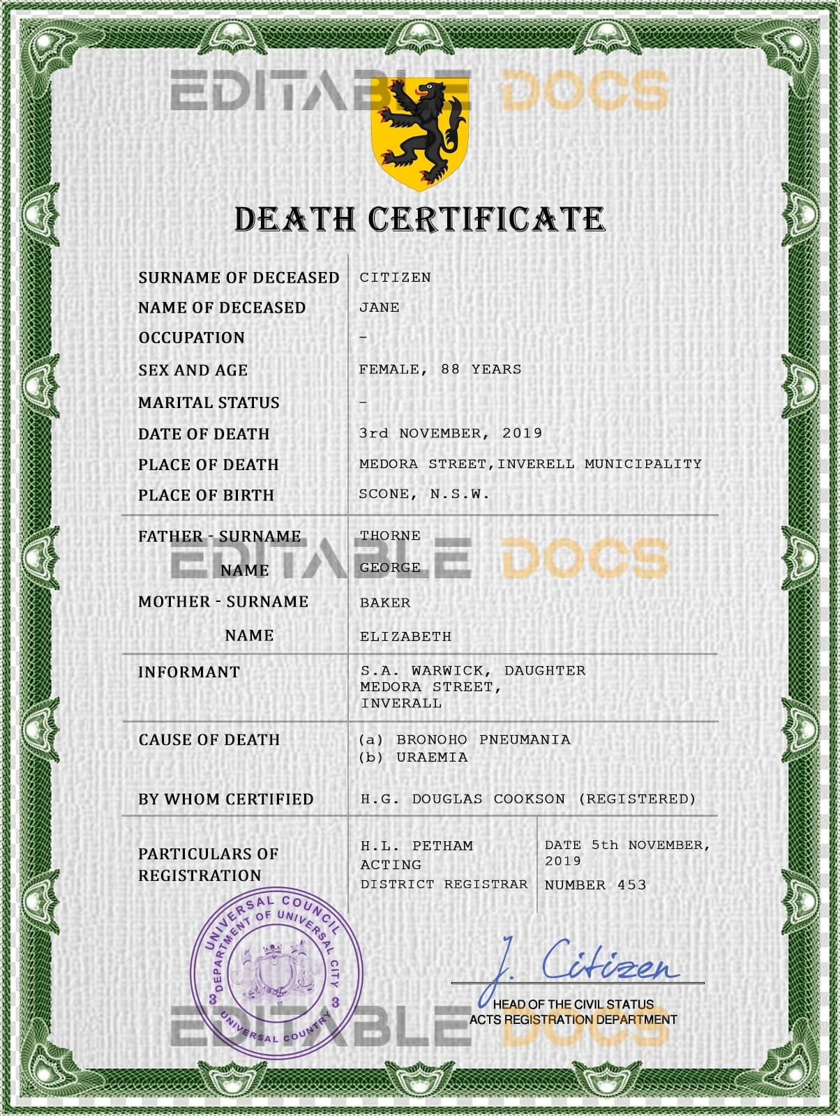 Customizable Wisdom Vital Record Universal Death Certificate PSD Templates | Instant Download