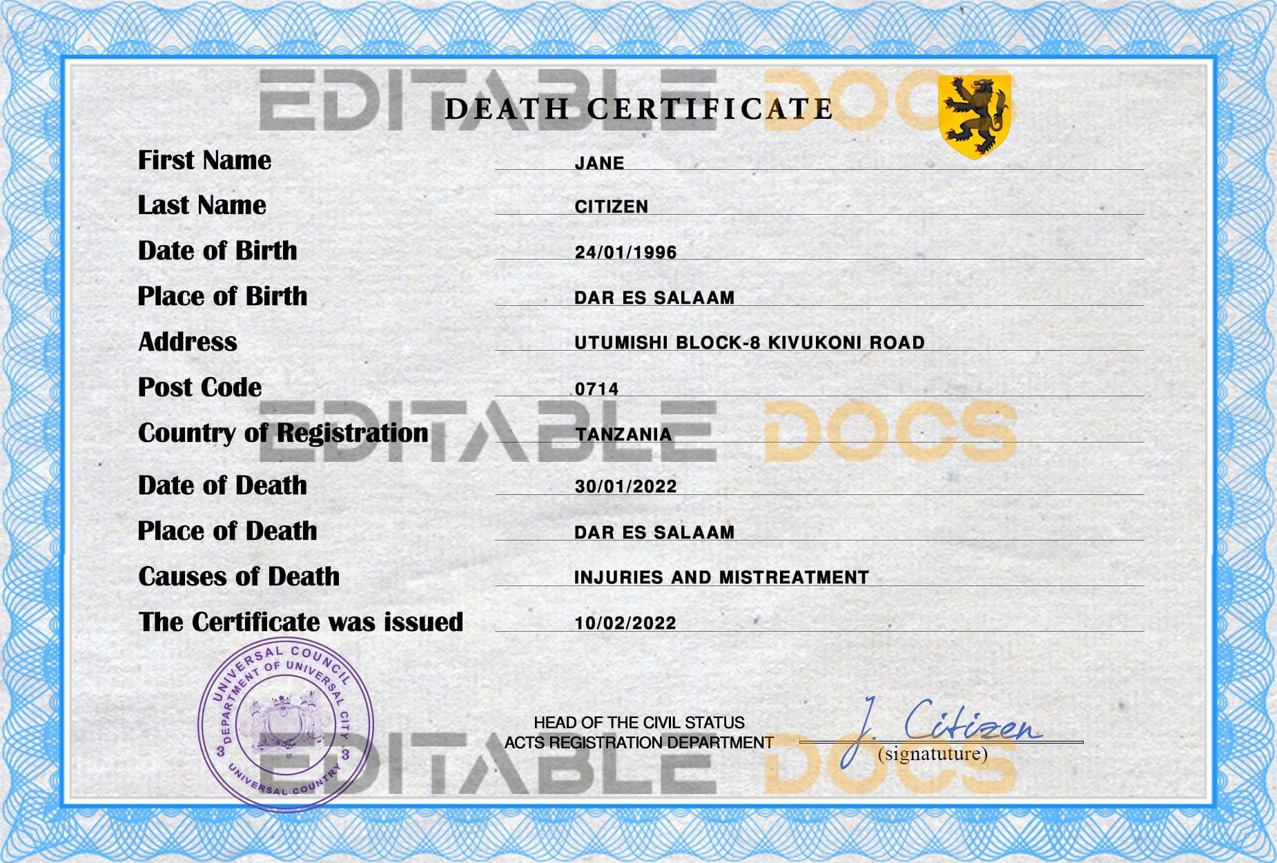 Customizable wise Death Certificate PSD Templates | Instant Download