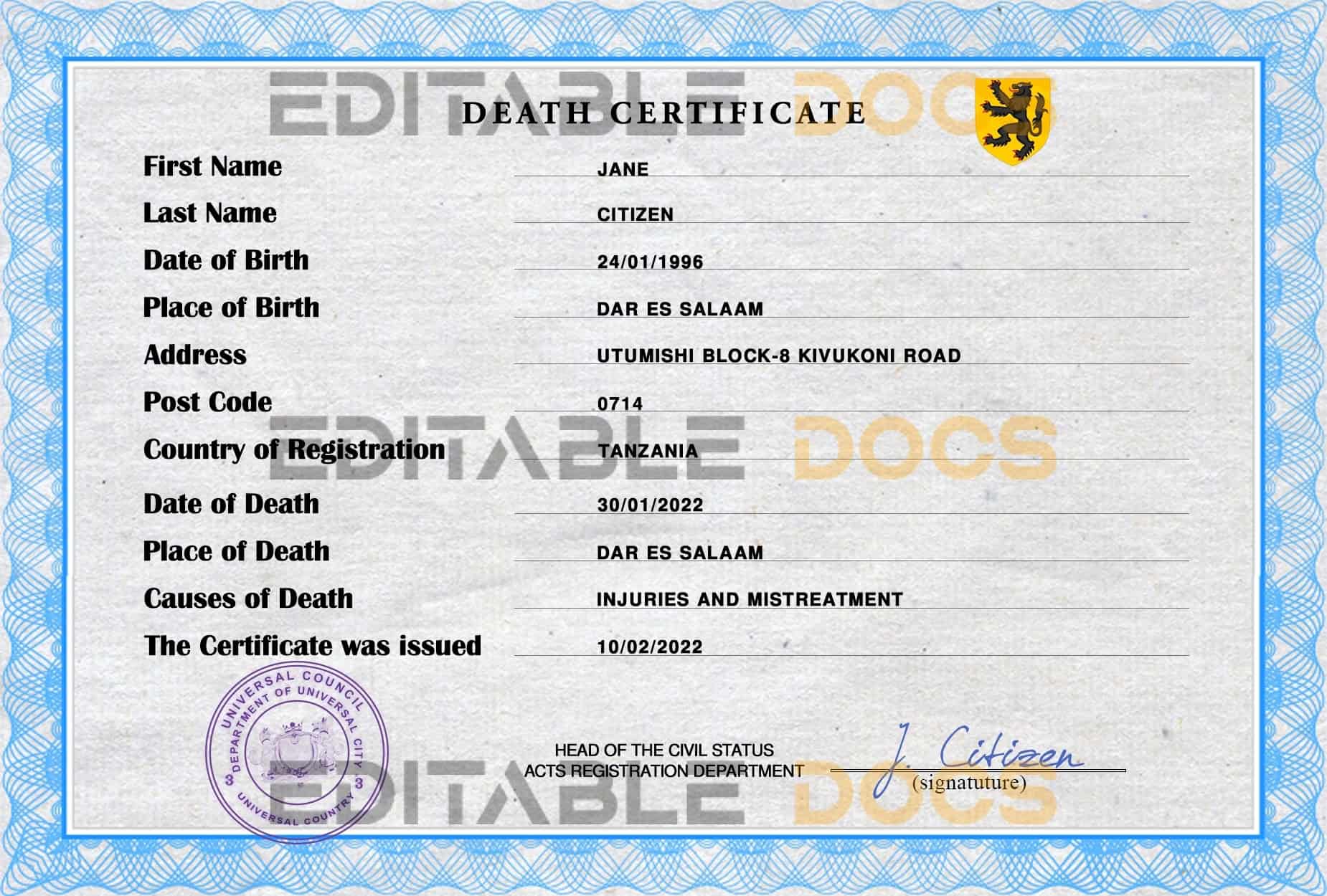 Customizable Wise Crowd Universal Death Certificate PSD Templates | Instant Download