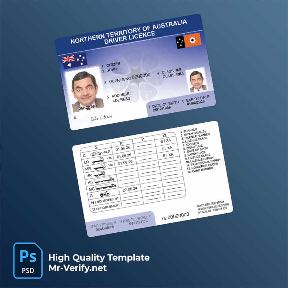 Australia Northern Territory driver license psd template