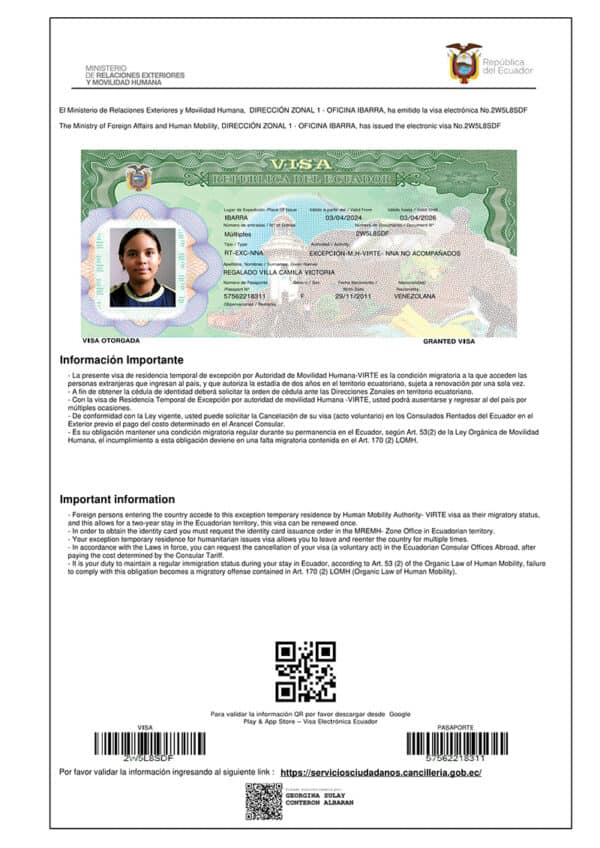 Visa Electrónica Ecuador Word Template