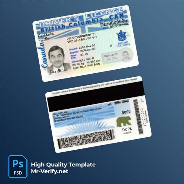 Canada province British Columbia Driver License PSD Template