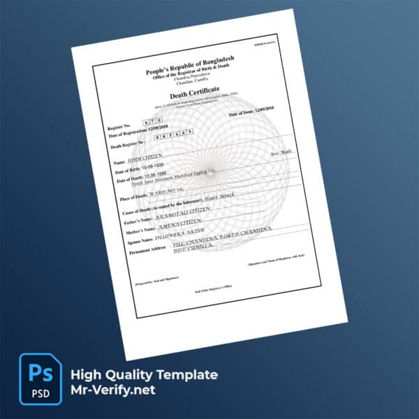 Bangladesh death certificate word and pdf template