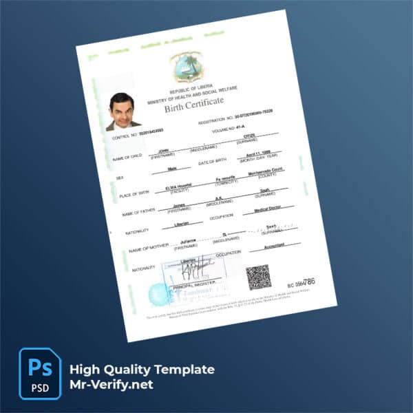 Liberia birth certificate word and pdf template