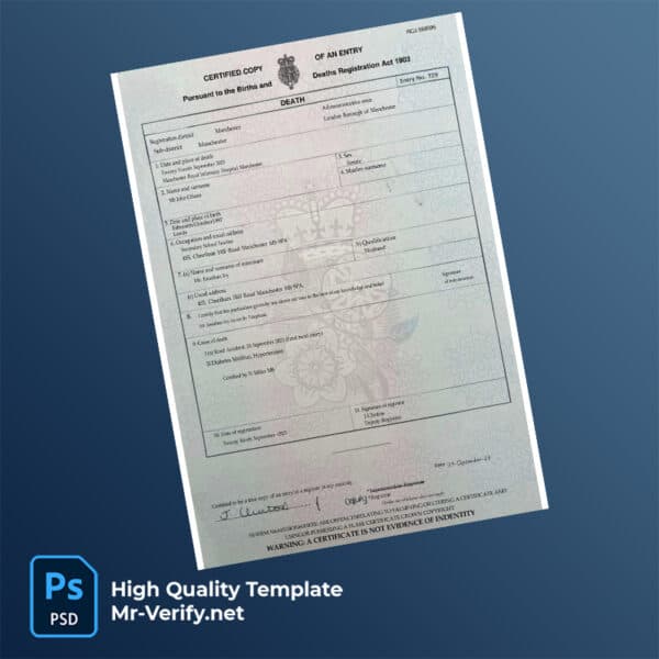 London Manchester death certificate word and pdf template