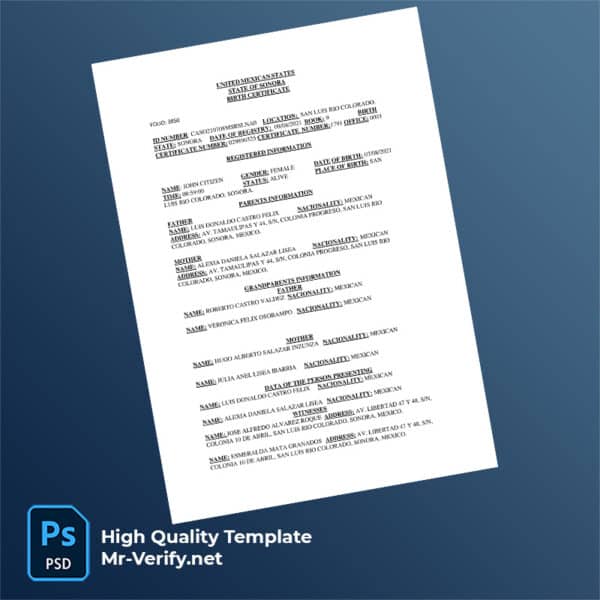 mexico sonora birth certificate word and pdf template