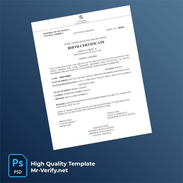 Nicaragua birth certificate word and pdf template