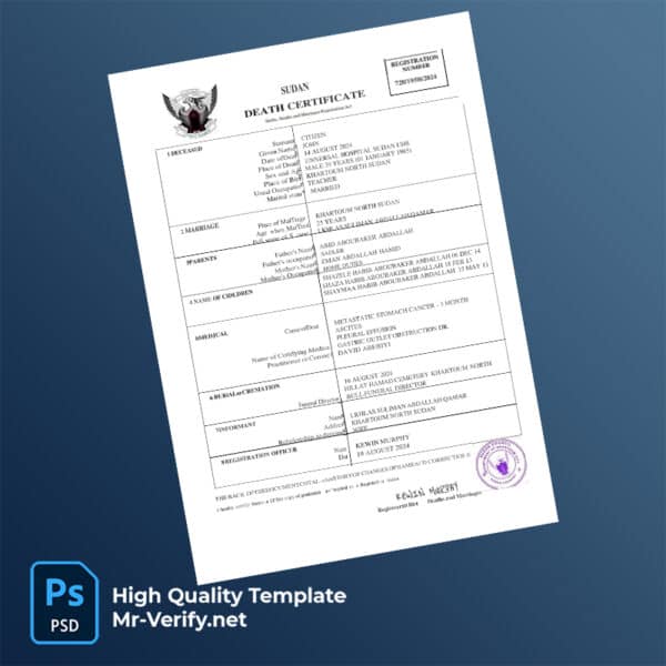 Sudan death certificate word and pdf template