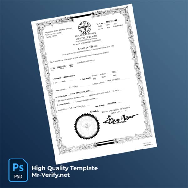 Turkey death certificate word and pdf template