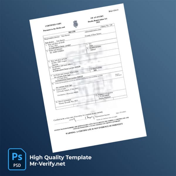 UK East Sussex death certificate word and pdf template