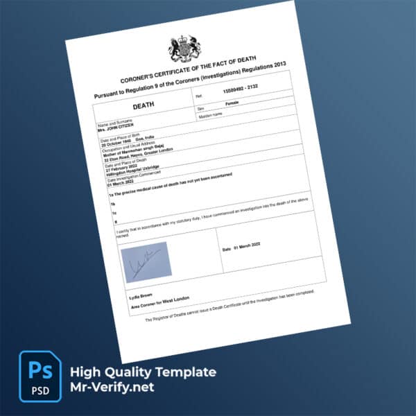 UK London Uxbridge death certificate word and pdf template