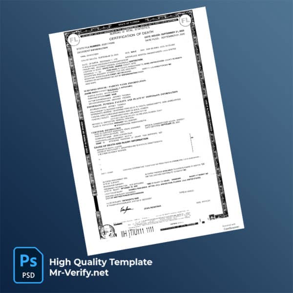 USA Florida death certificate word and pdf template