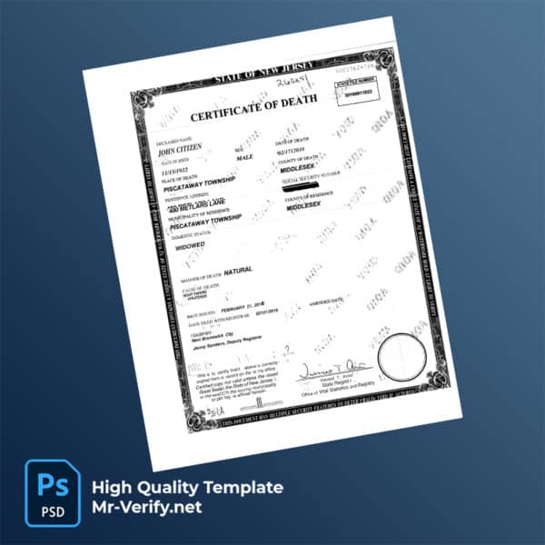 USA New Jersey death certificate word and pdf template