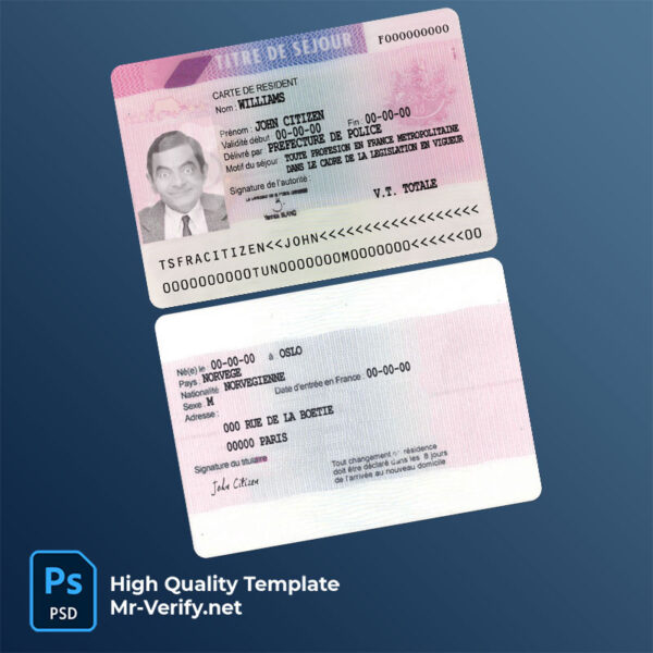 France residence permit (titre de séjour) template in PSD format, fully editable, with all fonts