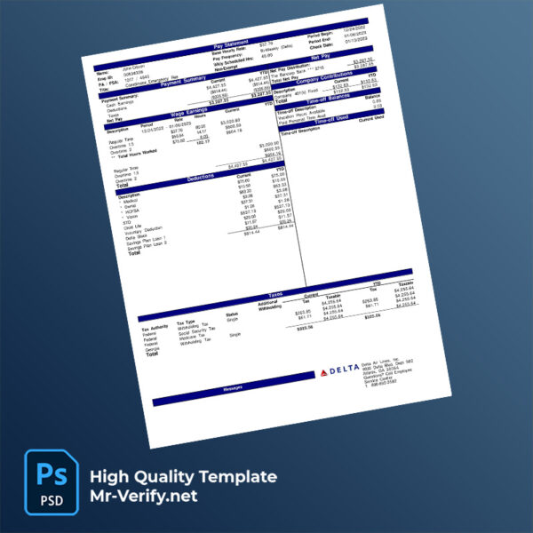 Delta Air Lines Inc pay stub word and pdf template