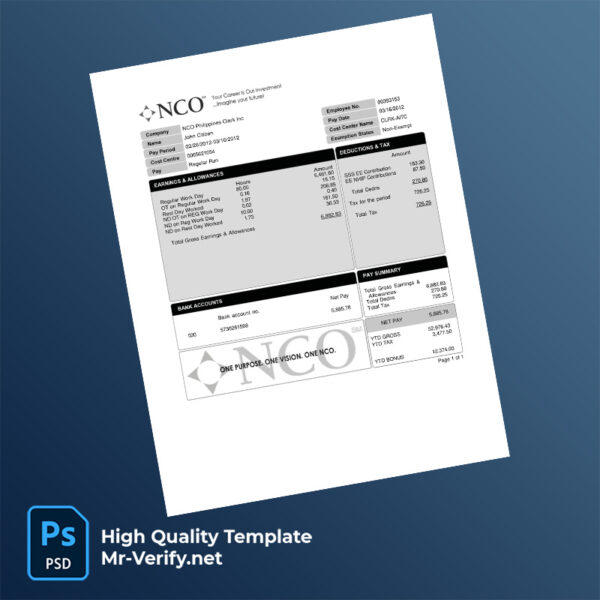 NCO Philippines Clark Inc earning statement word and pdf template