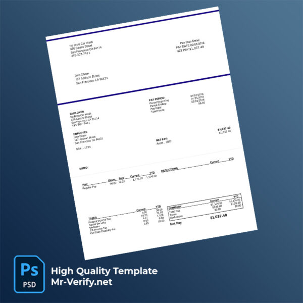 No Drop Car Wash pay stub word and pdf template