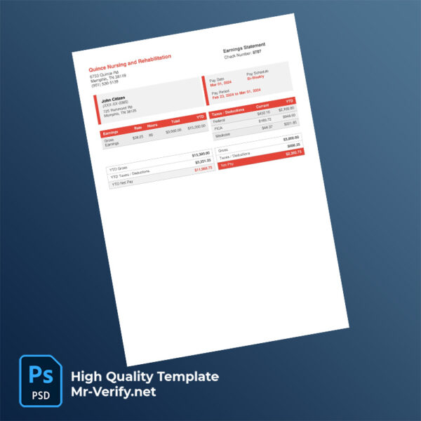 Quince Nursing and Rehabilitation earning statement word and pdf template