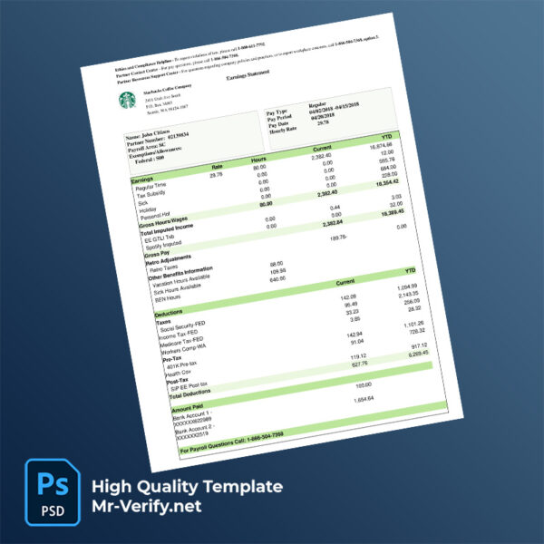 Starbucks Coffee Company earning statement word and pdf template
