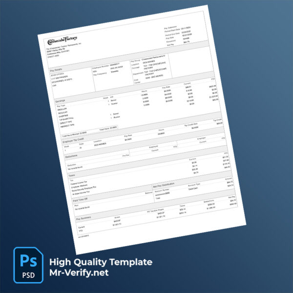 The Cheesecake Factory Restaurants Inc pay stub word and pdf template