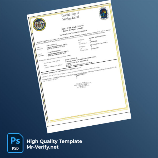 USA Maryland marriage certificate word and pdf template