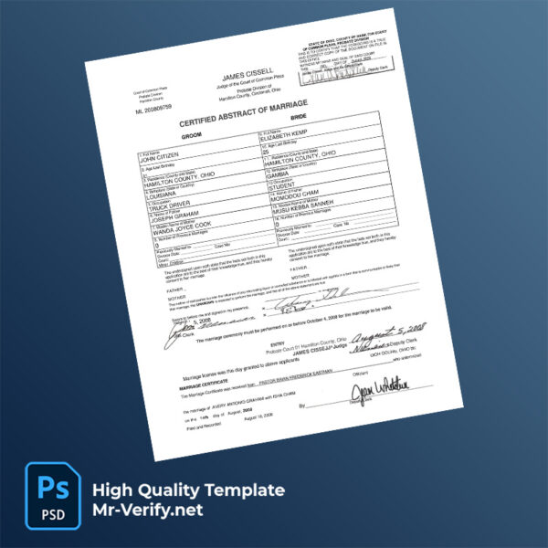 USA Ohio marriage certificate word and pdf template