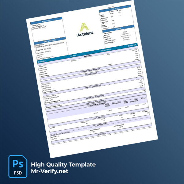 Actalent Inc pay stub word and pdf template
