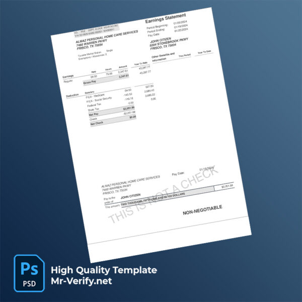 Almaz Personal Home Care Services earning statement word and pdf template