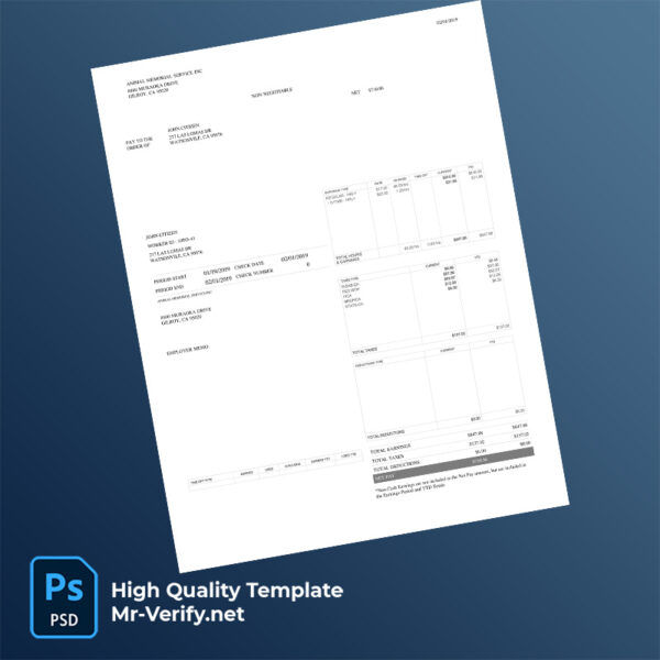 Animal Memorial Service Inc pay stub word and pdf template