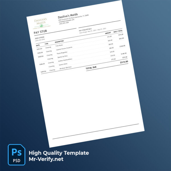Dasilva’s Maids pay stub word and pdf template