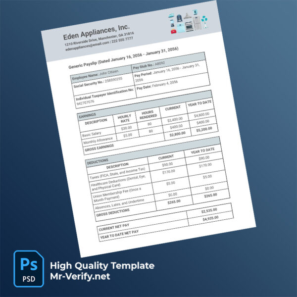 Eden Appliances Inc pay slip word and pdf template