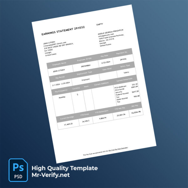 Middle Georgia Freightlin earning statement word and pdf template