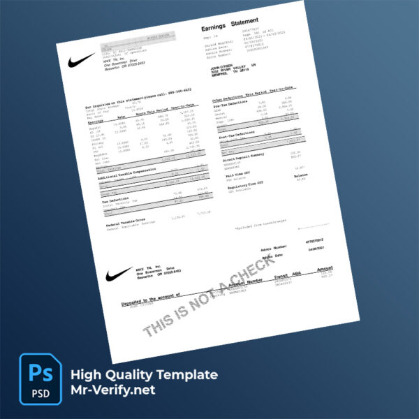 NIKE TN Inc pay stub word and pdf template