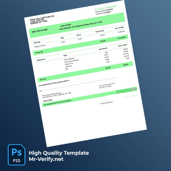 Pepsi Cola Bottling co earning statement word and pdf template