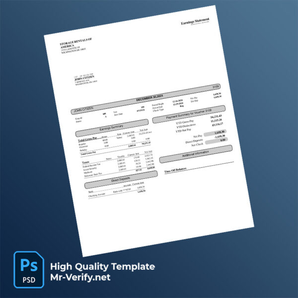 Storage Rentals of America earning statement word and pdf template