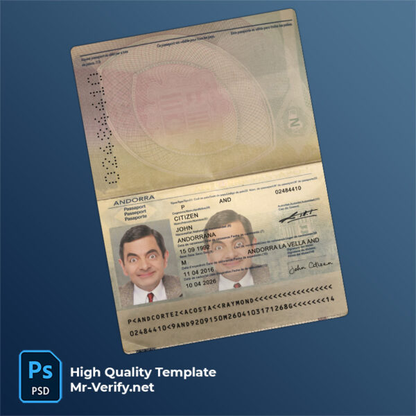 Andorra passport psd template