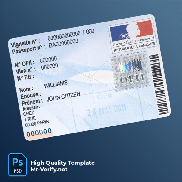 France residency OFII visa stamp template in PSD format, with fonts