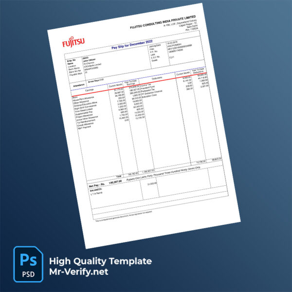 Fujitsu Consulting India Private Limited payslip word and pdf template