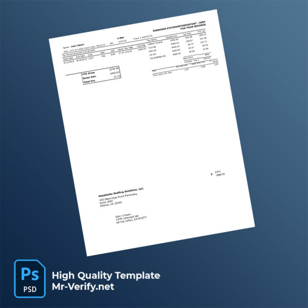 Hospitality Staffing Solutions LLC earning statement word and pdf template